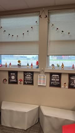 gnome figurines on the window ledge of a 2nd grade classroom