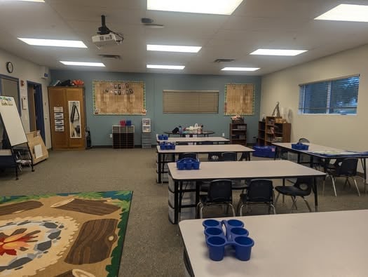 Camping and great outdoors classroom setup with campfire rug.