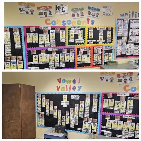 Blackboard brights theme for all wall displays in a 2nd grade classroom