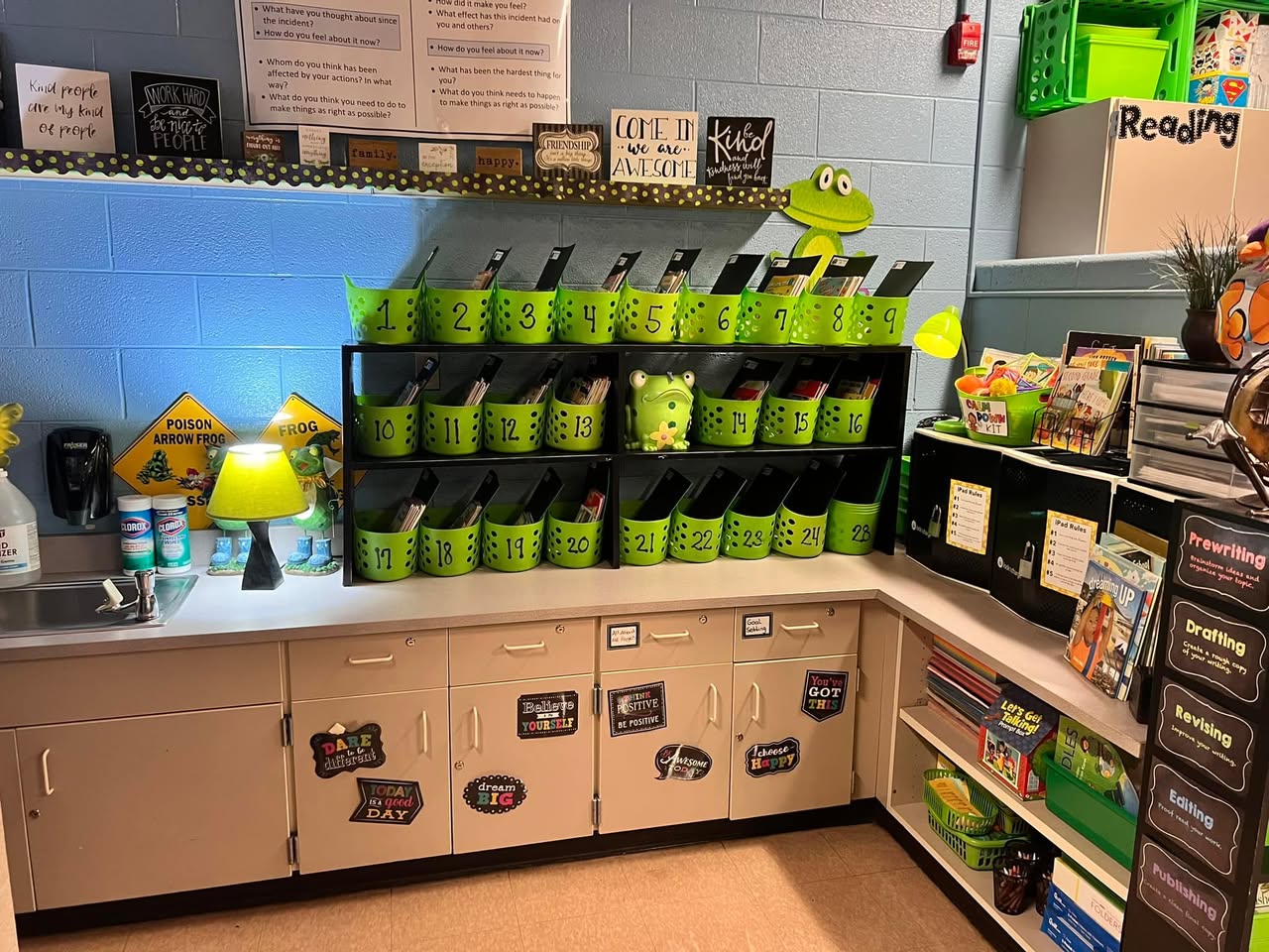 green frog-themed book baskets labeled with student numbers for independent reading time