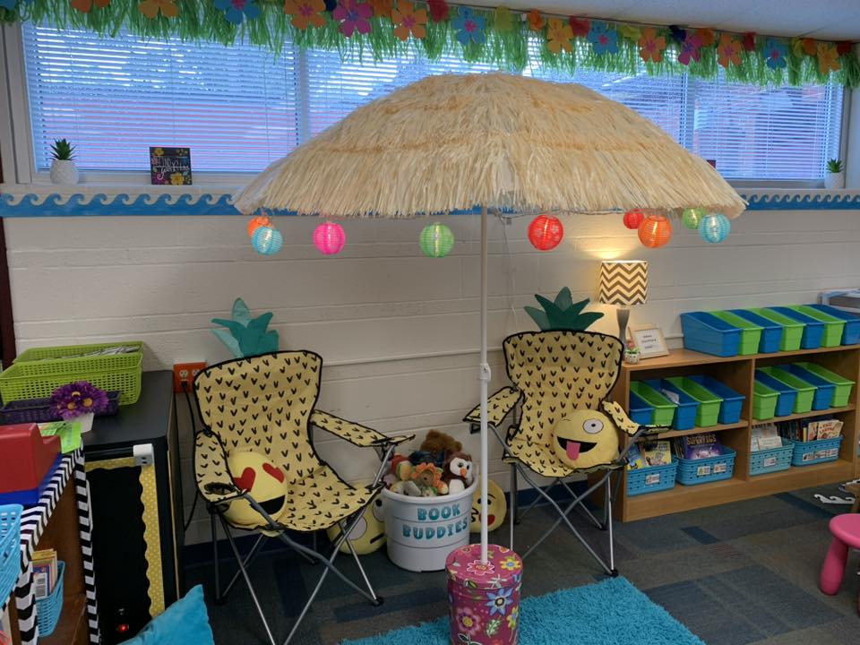 Tropical classroom theme with flamingos, pineapples, and palm leaves.