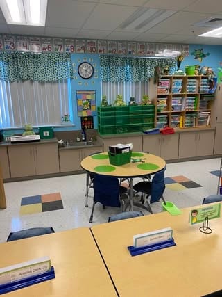 Frog-themed classroom decor with lily pads, pond visuals, and green accents for K-2.