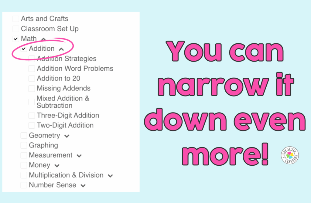 Close-up of a filter menu highlighting specific math topics under “Addition,” helping educators narrow down tutoring resources by exact skills needed.