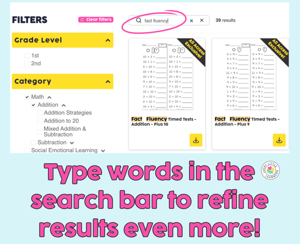 Example of using a website’s search bar to look up “fact fluency” worksheets, demonstrating how to quickly find targeted tutoring resources for math skill-building.
