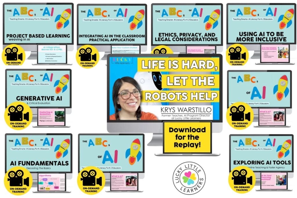Collage of AI training modules for educators, covering generative AI, ethical use, and classroom integration, showcasing professional development in AI applications for teachers.