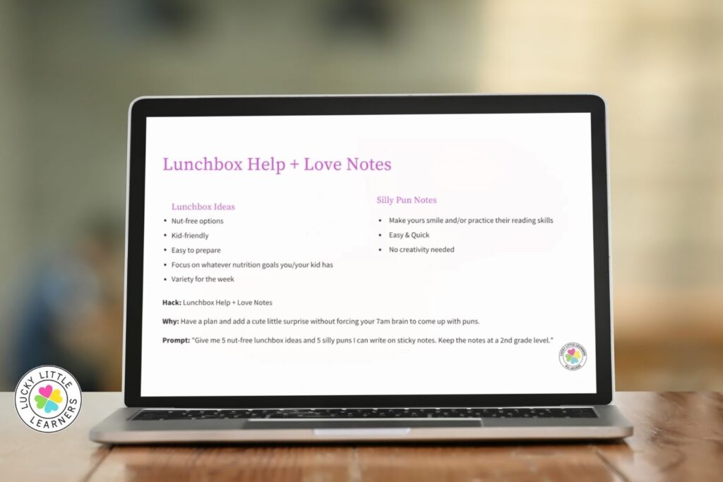 Laptop screen featuring an AI prompt that generates nut-free lunchbox ideas and silly pun notes, demonstrating real-life ways teachers are using AI to streamline routines and add joy to kids’ lunches.