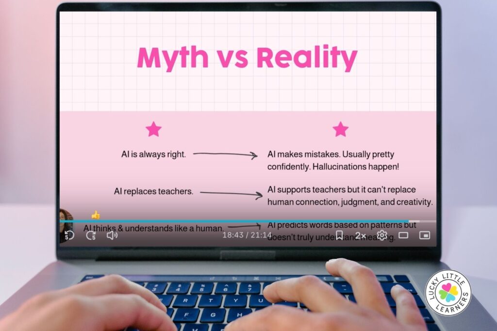 Laptop screen showing a slide titled “Myth vs Reality” comparing misconceptions and facts about AI, helping explain AI fundamentals for teachers.