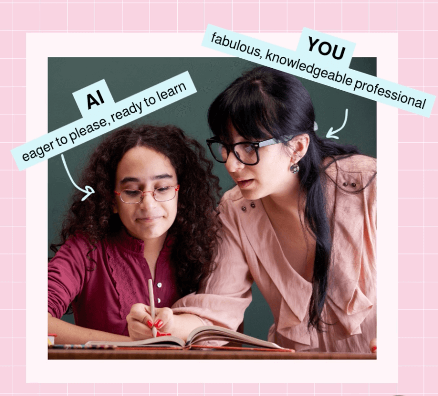 Illustration comparing AI to an eager student learning from a professional teacher, visually explaining what is AI in simple terms.