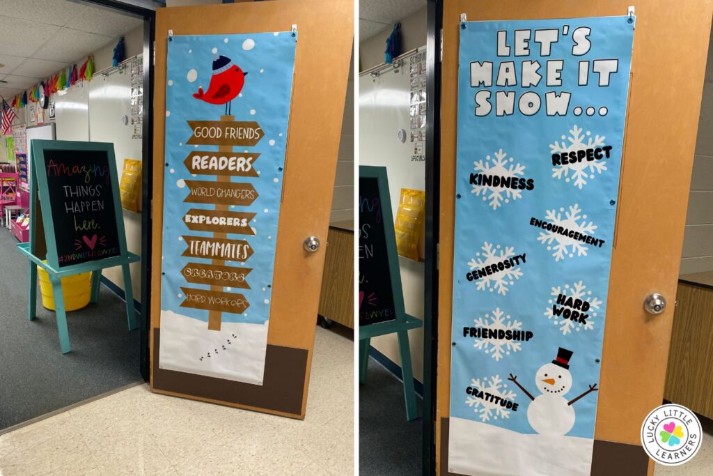 Winter-themed classroom door decor with one door showing a signpost listing “Good Friends, Readers, World Changers” and another with snowflakes featuring words like “Kindness” and “Respect.”