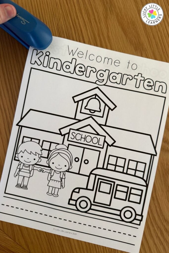 Kindergarten back to school printable coloring page worksheet with school building, bus, and students activity for first day of school.