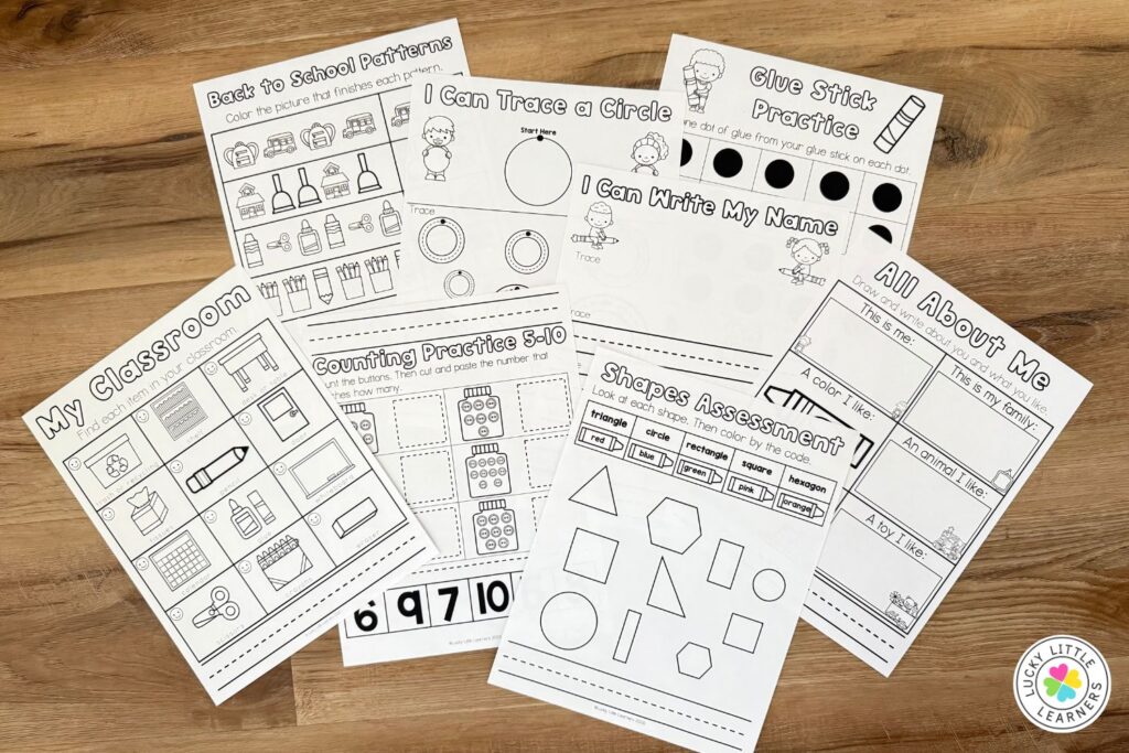 Kindergarten back to school printable worksheets activity pack including patterns, classroom scavenger hunt, glue stick practice, shapes, and name writing.