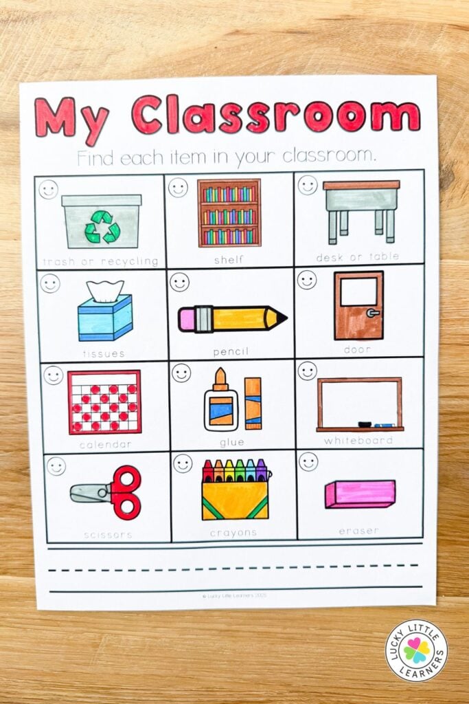 Kindergarten back to school classroom scavenger hunt printable worksheet with school supplies like crayons, scissors, and pencil activity.