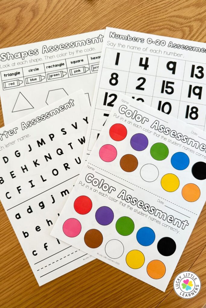 Kindergarten back to school assessment worksheets printables for shapes, numbers, letters, and colors activity pack.