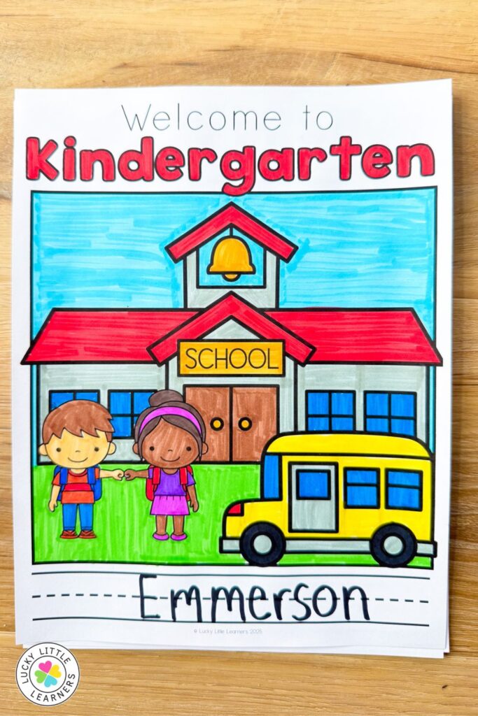 Kindergarten back to school welcome coloring page printable worksheet completed with bright colors and student name writing activity.