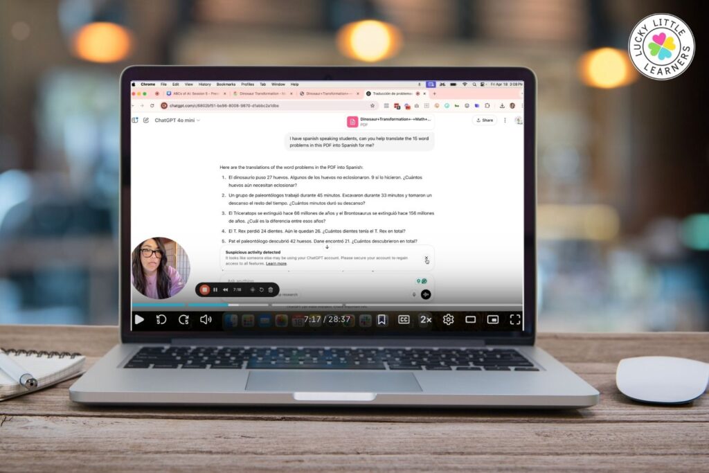 Laptop showing AI translating math word problems into Spanish, demonstrating how technology supports an AI inclusive classroom for diverse learners.