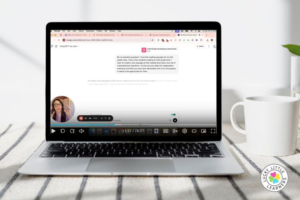 Laptop screen displaying a teacher using AI to adapt reading passages for different student levels, a practical example of an AI inclusive classroom.