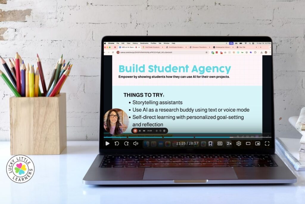 Laptop screen showing a slide titled “Build Student Agency” with AI tips such as storytelling assistants and personalized goal-setting, illustrating tools for an AI inclusive classroom.