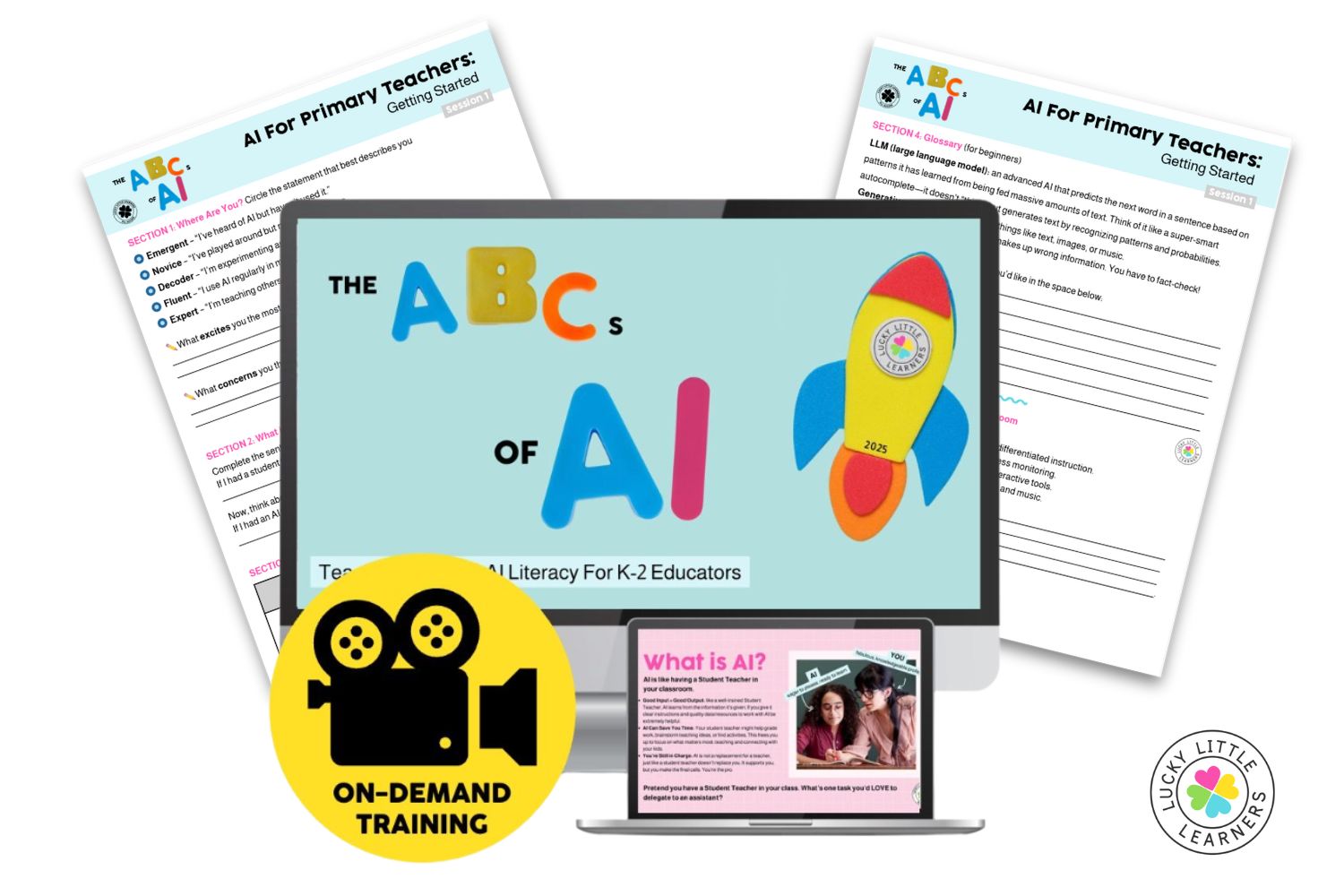 Promotional graphic for “The ABCs of AI” training for K–2 educators with worksheets, a rocket illustration, and the question what is AI highlighted on a laptop screen.