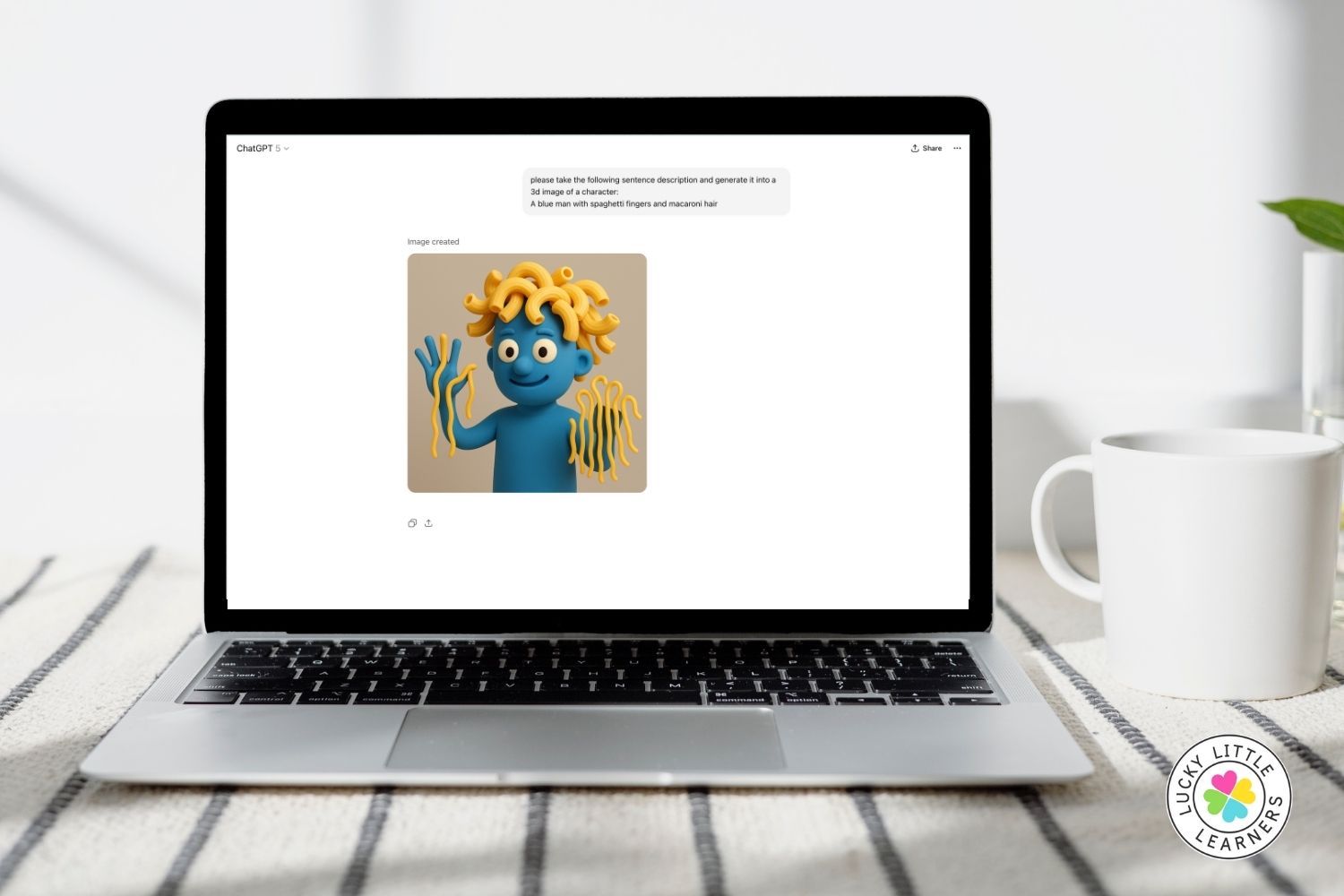 AI-generated character image on laptop, showing a blue man with spaghetti fingers and macaroni hair created from a teacher’s text prompt, showcasing AI tools for teachers.