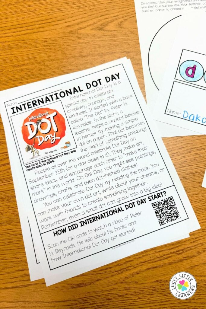 International Dot Day reading passage with comprehension questions and QR code for video link.