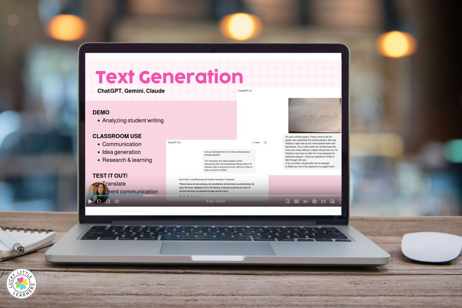 AI text generation demo for teachers showing how to analyze student writing and use AI for communication, research, and idea generation.