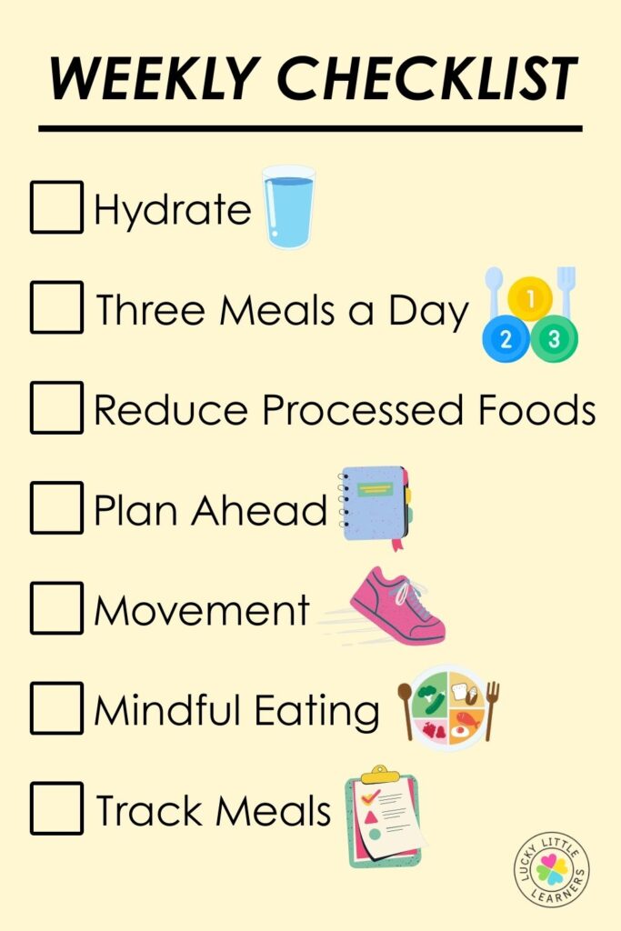 Weekly nutrition checklist for teachers with tips to hydrate, plan meals, reduce processed foods, and practice mindful eating.