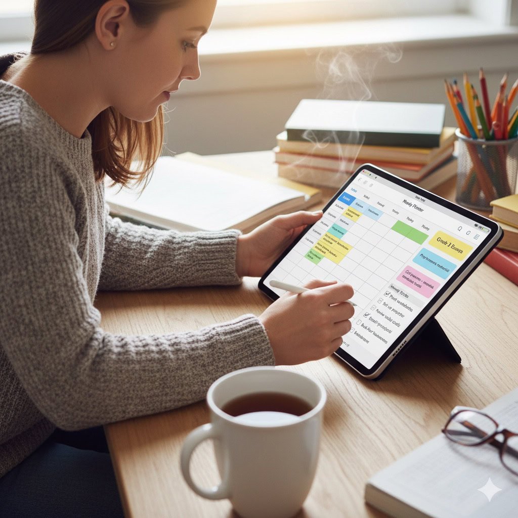 Teacher using a tablet to organize tasks and lesson plans, demonstrating how planning and organization support brain health for teachers.