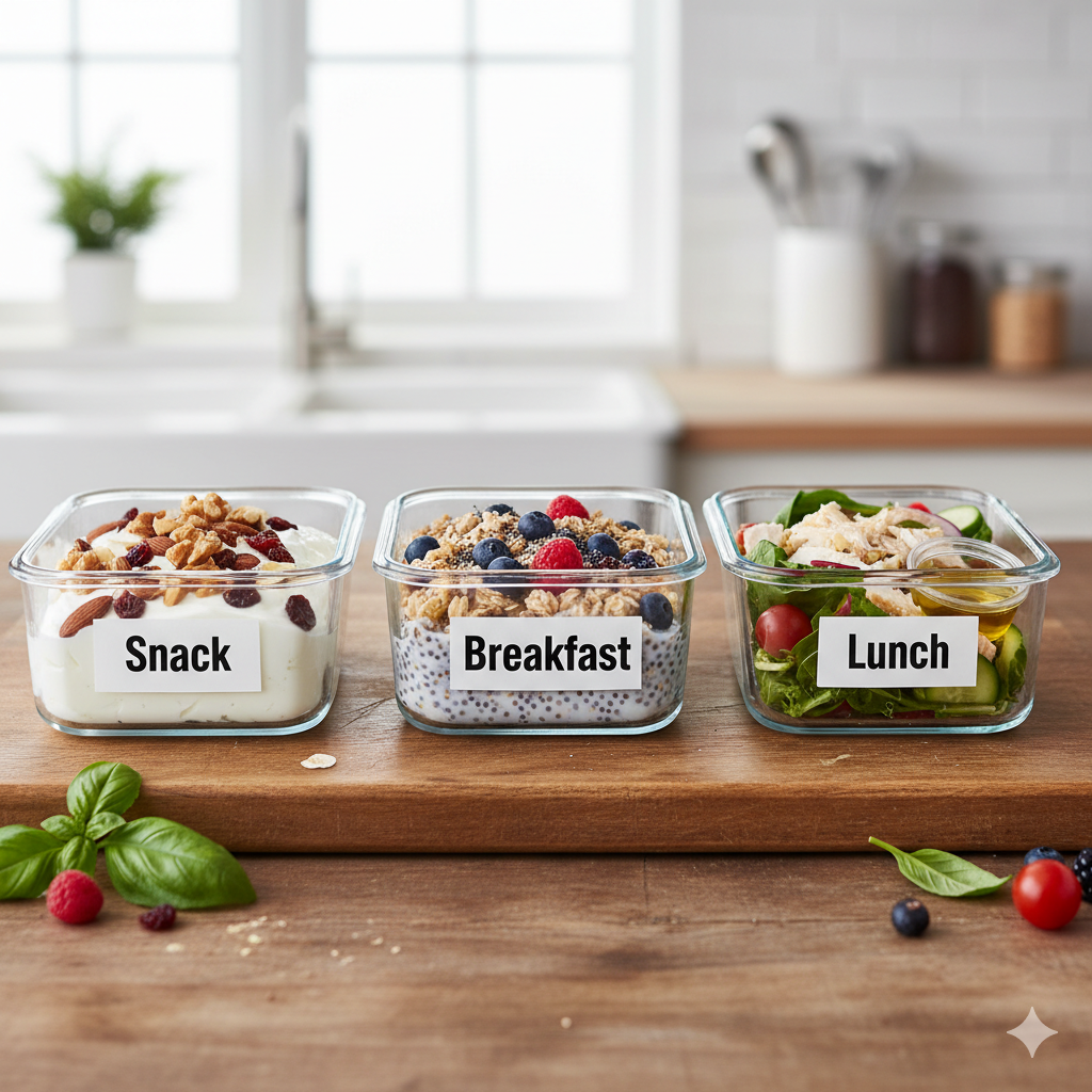 Healthy teacher meal prep with labeled glass containers for snack, breakfast, and lunch, supporting simple school-day nutrition.