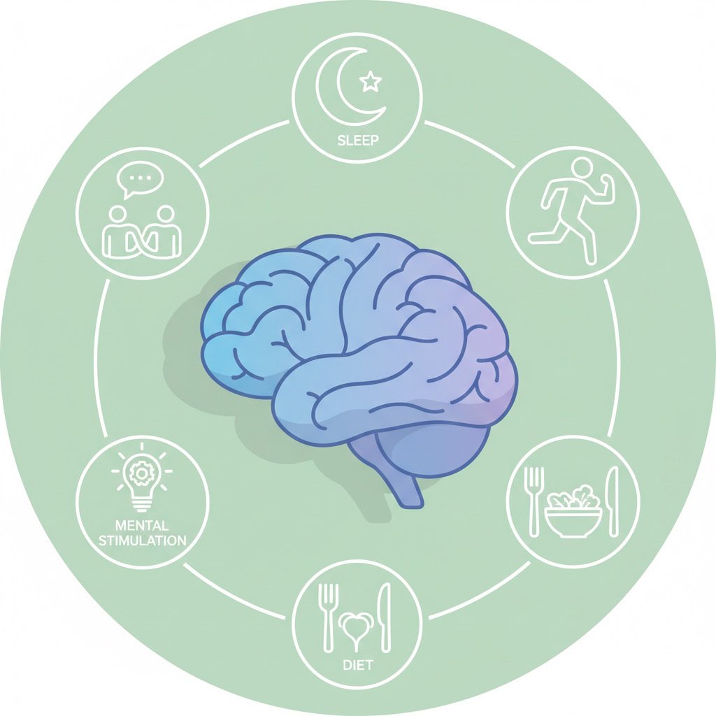 Illustrated brain health graphic showing key components for teachers: sleep, exercise, healthy diet, social connection, and mental stimulation.