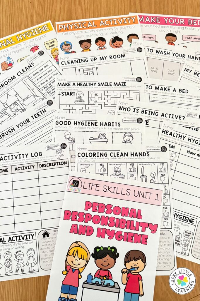 Printable life skills worksheets for teaching responsibility and hygiene to elementary students, including activities on personal hygiene, physical activity, and daily routines like cleaning and handwashing.