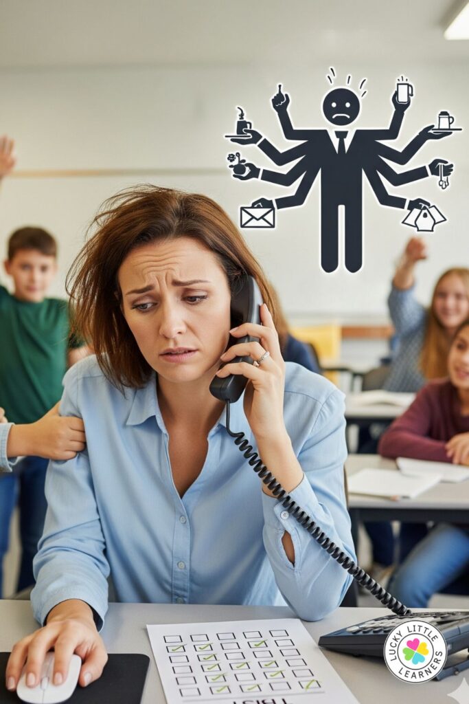 Stressed teacher on the phone with multiple tasks piling up and students in the background, illustrating the need for setting boundaries for teachers.