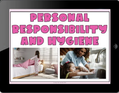 Digital lesson slide titled ‘Personal Responsibility and Hygiene’ showing a child making their bed and another child washing hands, used for teaching responsibility and hygiene in the classroom.