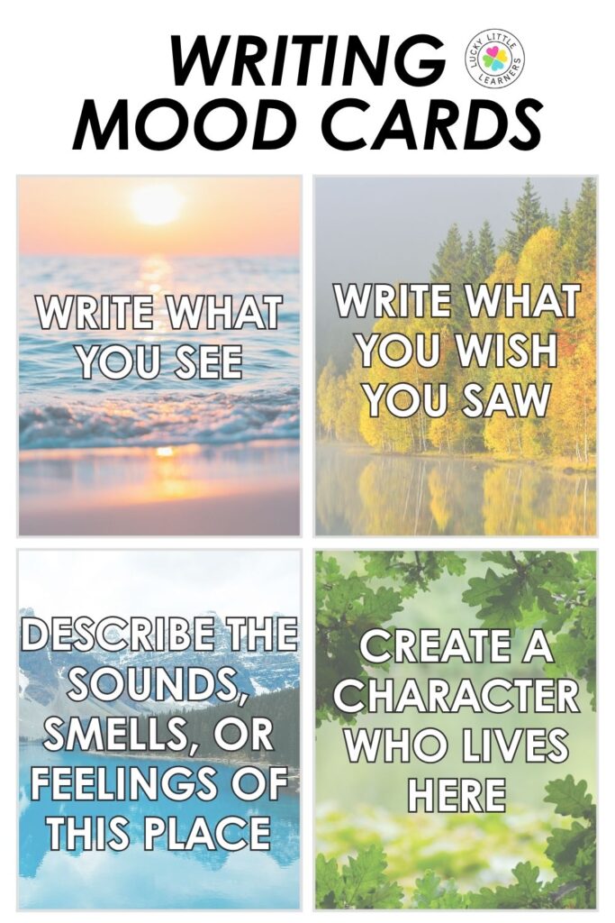 Image showing writing mood cards with nature-themed backgrounds, used to inspire creativity while listening to writing background music.
