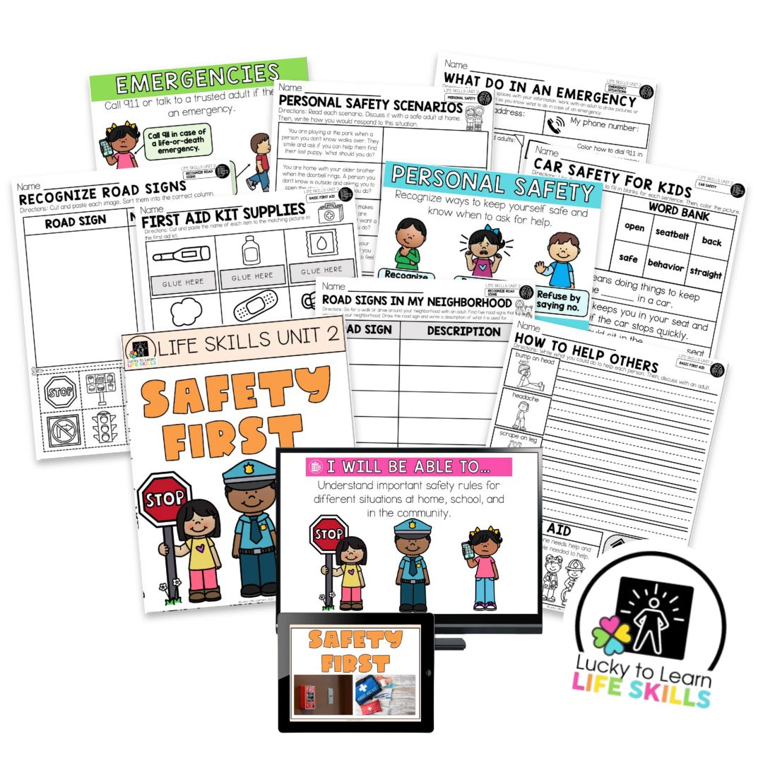 Collection of safety worksheets and digital slides for teaching safety K-2, covering topics like emergencies, road signs, personal safety, car safety, and first aid.