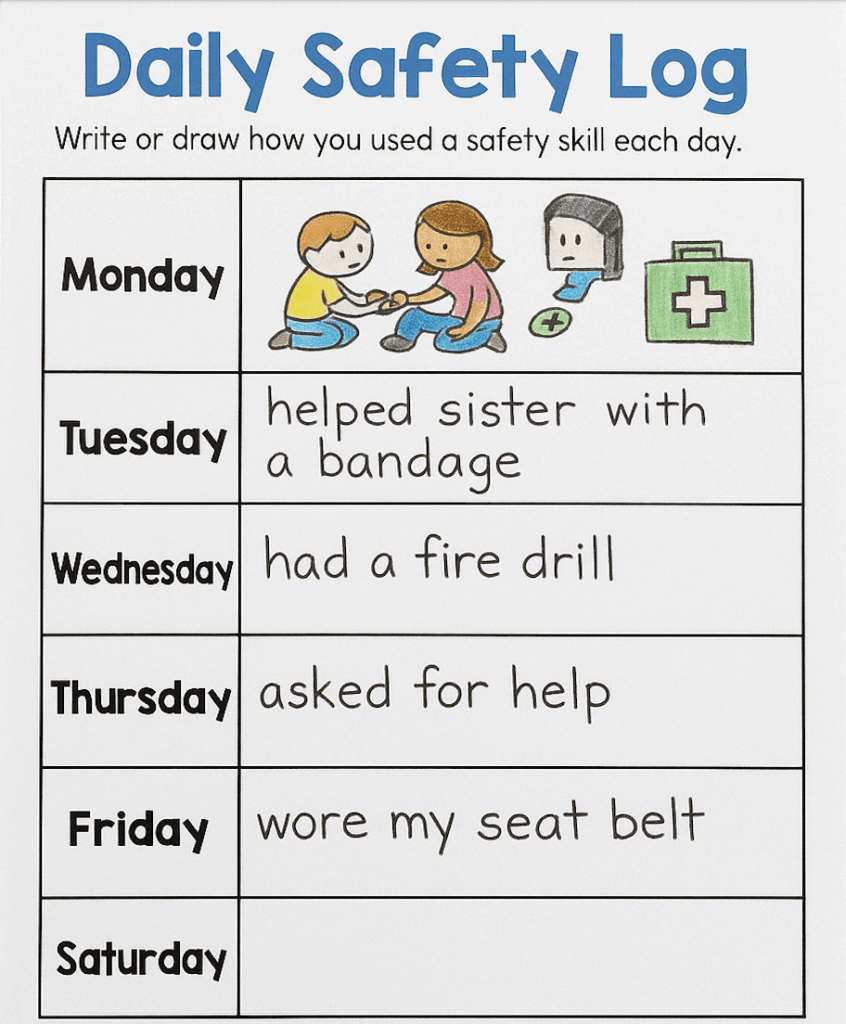 Daily Safety Log worksheet for teaching safety K-2, showing examples of kids using safety skills like helping with a bandage, having a fire drill, and wearing a seat belt.