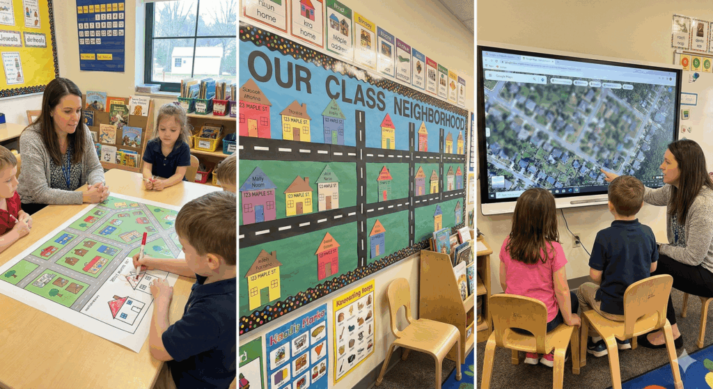 Image showing students using maps and digital tools to learn address and phone number skills while exploring their class neighborhood with their teacher.