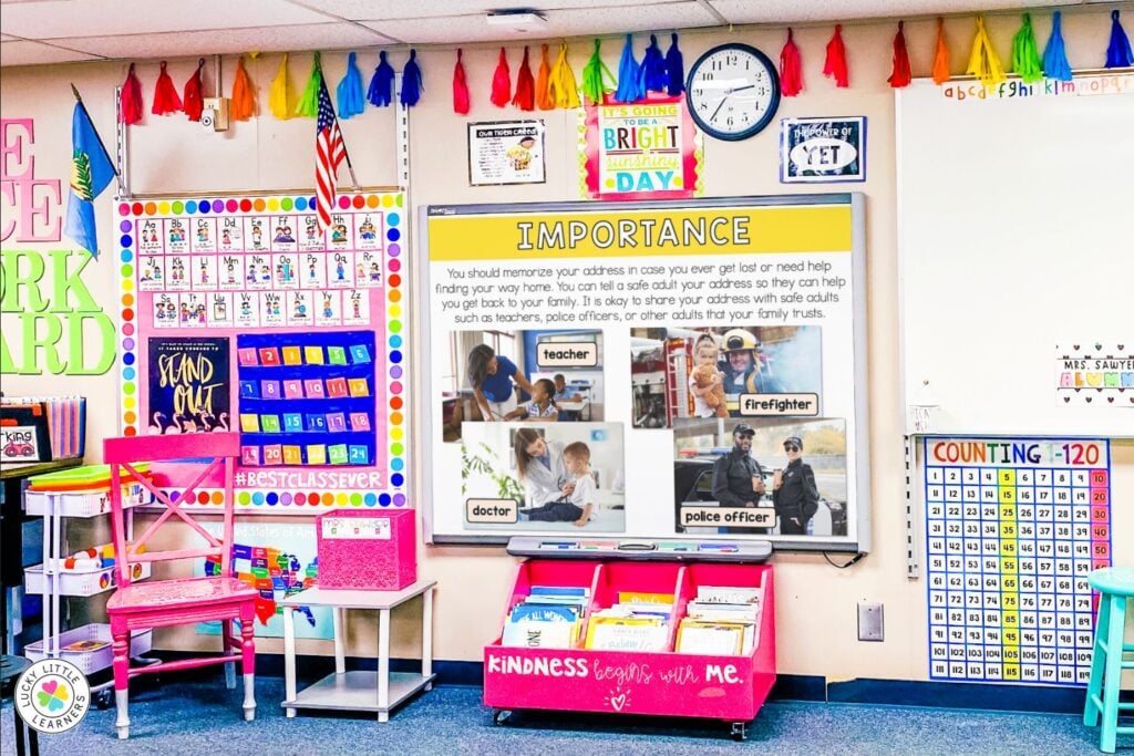 Image showing a classroom smartboard explaining why kids should learn address and phone number information, with photos of trusted adults like teachers, firefighters, and police officers.