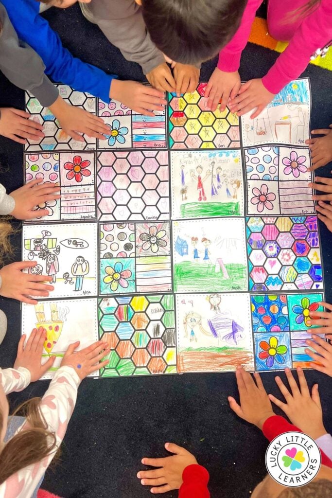 Image showing students working together on a collaborative art and writing grid during buddy reading activities on the classroom carpet.
