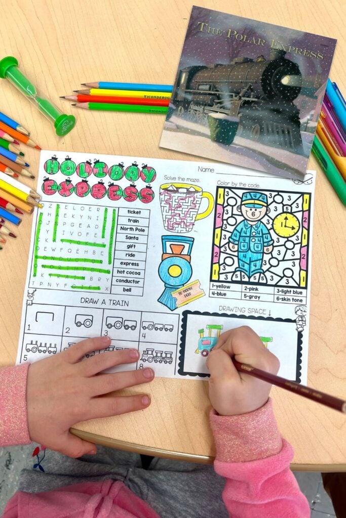 Holiday read alouds Polar Express activity with reading comprehension worksheets and student drawing response