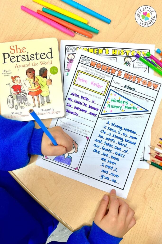 Holiday read alouds Women’s History Month activity with writing worksheet and biography picture book