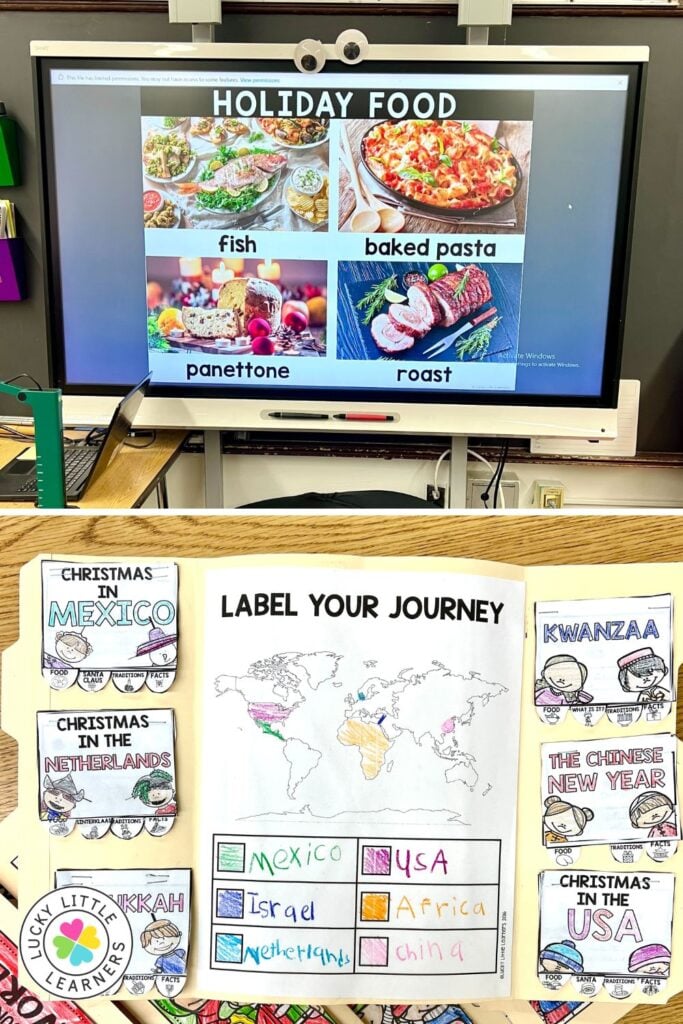 Holiday read alouds lesson on global traditions with holiday foods slide and student map labeling activity
