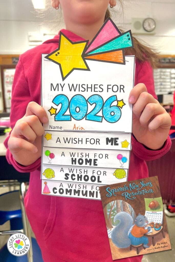 Holiday read alouds New Year activity with student holding 2026 wishes writing craft and read aloud book