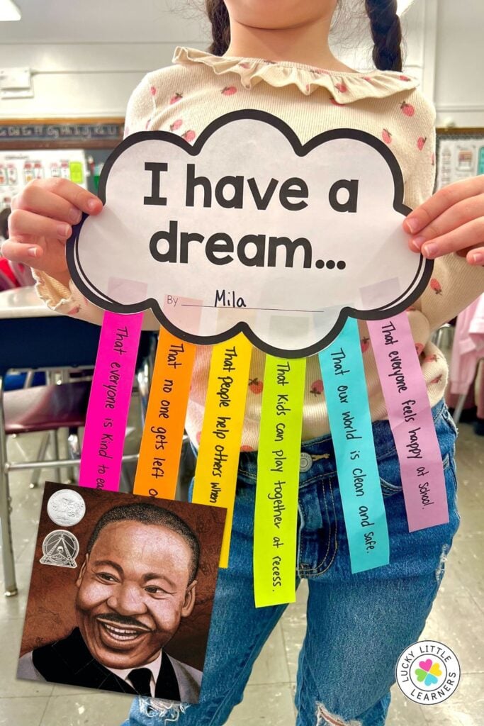Holiday read alouds Martin Luther King Jr. activity with “I Have a Dream” writing craft and student responses