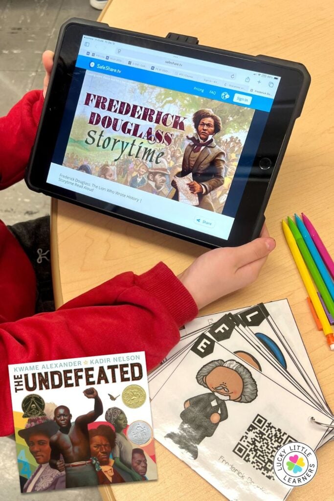 Holiday read alouds Black History Month activity with Frederick Douglass digital story and related book