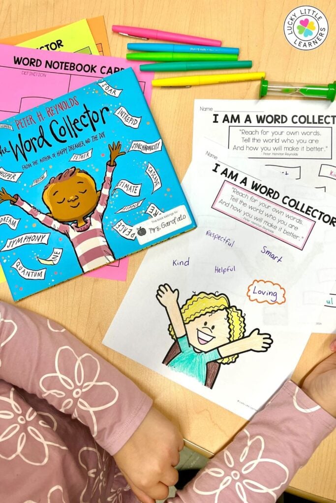 Holiday read alouds vocabulary activity with The Word Collector and student word collection worksheet