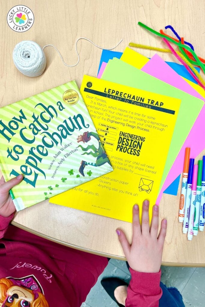 Holiday read alouds St. Patrick’s Day activity with How to Catch a Leprechaun and STEM trap design page