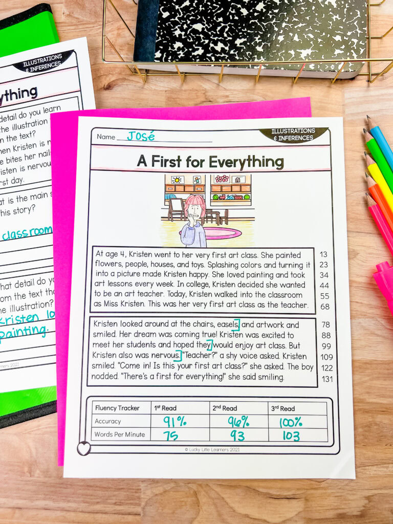 Image showing a fluency passage with accuracy and words-per-minute tracking used during structured buddy reading activities.