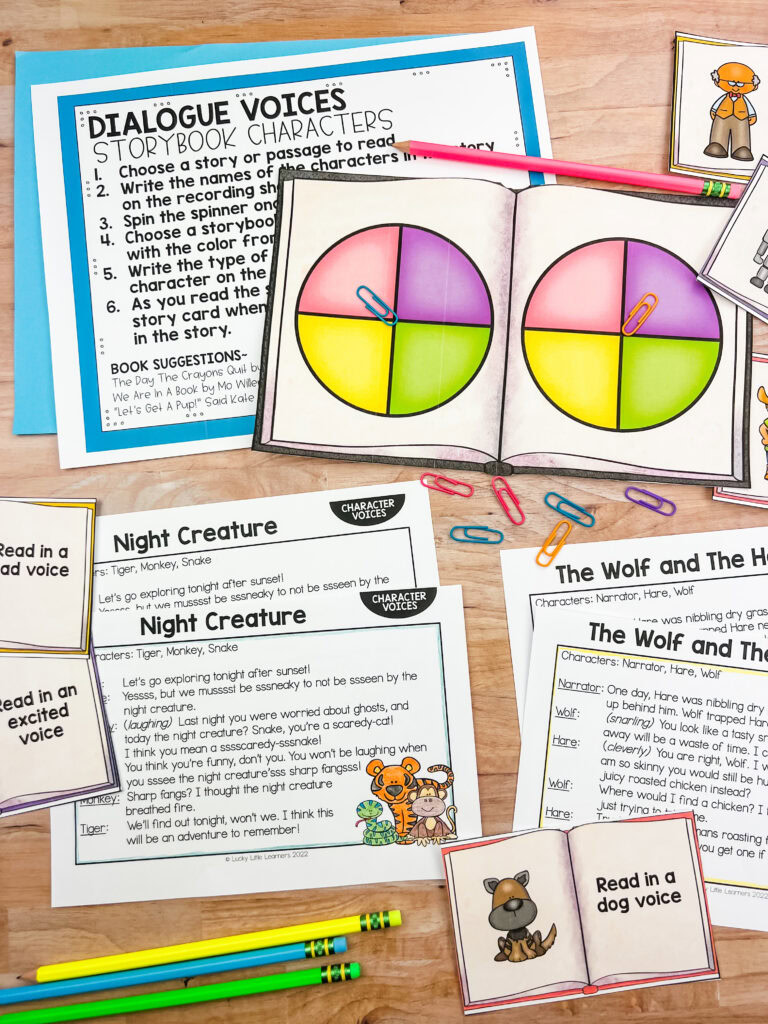 Image showing dialogue voice cards, passages, and spinners used to build expression and engagement during buddy reading activities.