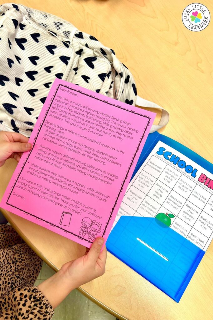 Image showing a parent letter and folder used to explain a reading homework BINGO system for monthly at-home reading practice.