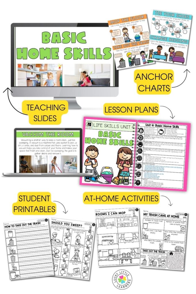 mage showing a Basic Home Skills unit focused on chores, including teaching slides, anchor charts, lesson plans, and student printables.
